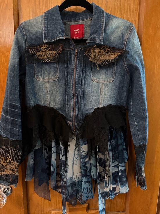 Miss Lili Jackets & Blazers - Miss Lili Blue Denim Jacket with Black Lace & Printed Fringe